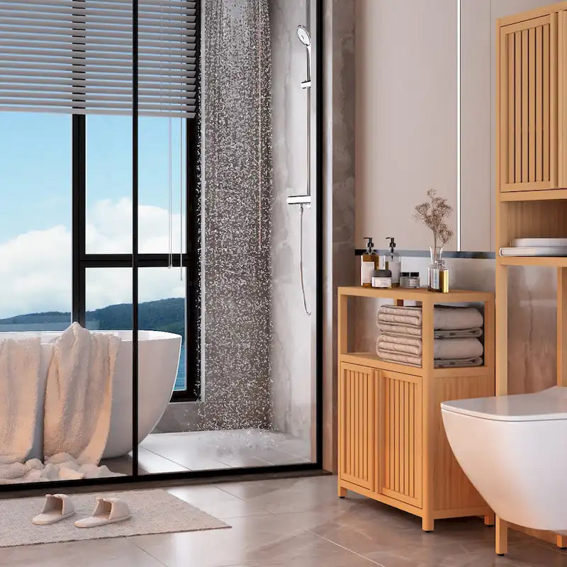 Bamboo Storage Cabinet with 2 Louvered Doors - 32" Freestanding Floor Cabinet - Natural Bathroom Kitchen Organizer - Eco-Friendly