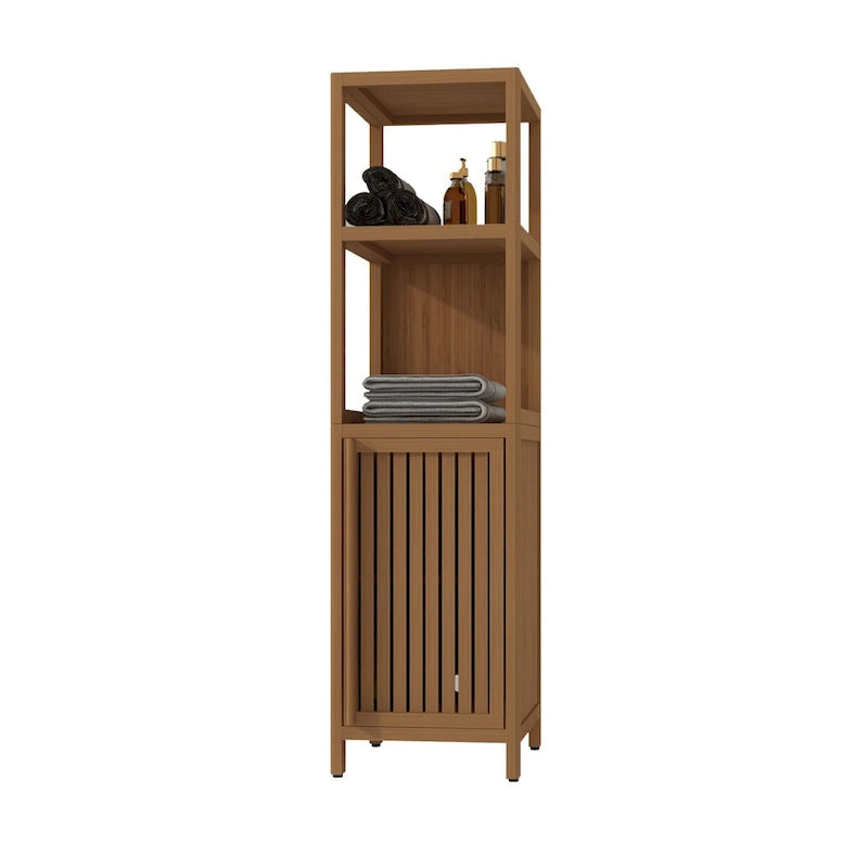 Narrow Bamboo Floor Cabinet 14"W x 52"H - Freestanding Linen Tower with Door & 2 Open Shelves, Waterproof Natural Wood Finish
