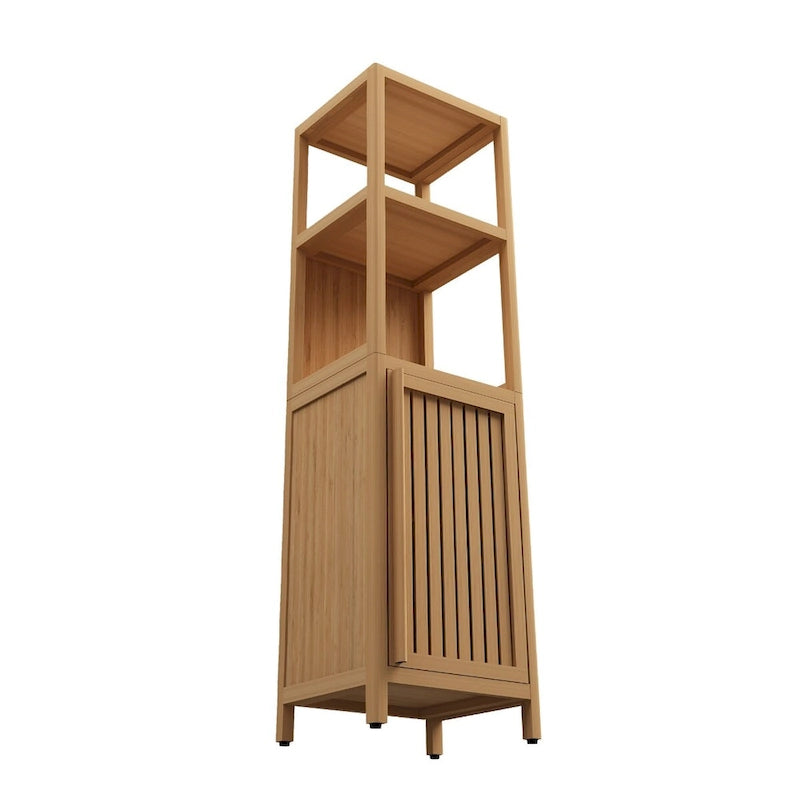 Narrow Bamboo Floor Cabinet 14"W x 52"H - Freestanding Linen Tower with Door & 2 Open Shelves, Waterproof Natural Wood Finish