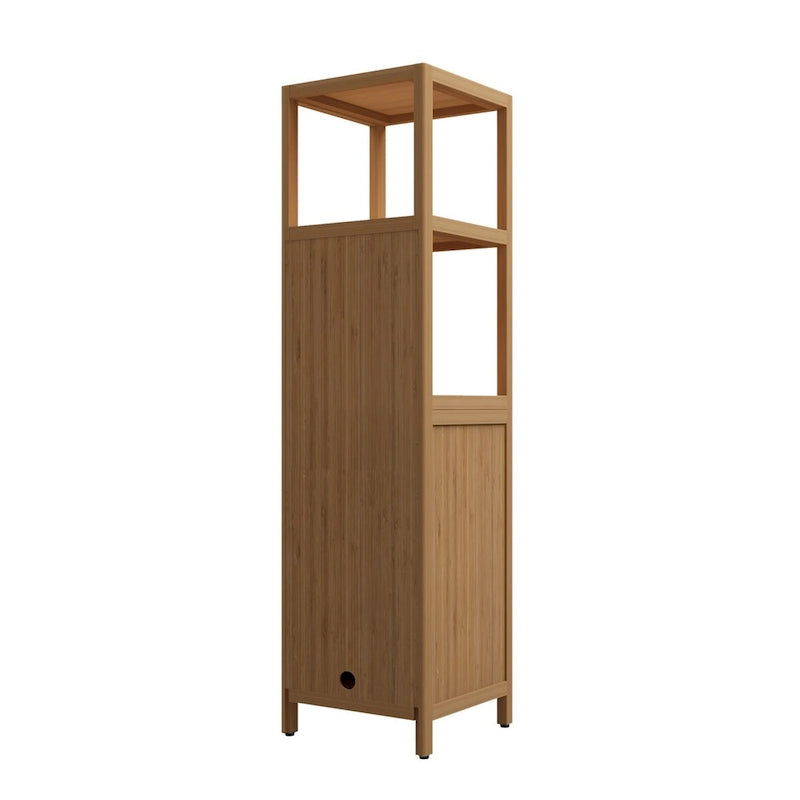 Narrow Bamboo Floor Cabinet 14"W x 52"H - Freestanding Linen Tower with Door & 2 Open Shelves, Waterproof Natural Wood Finish