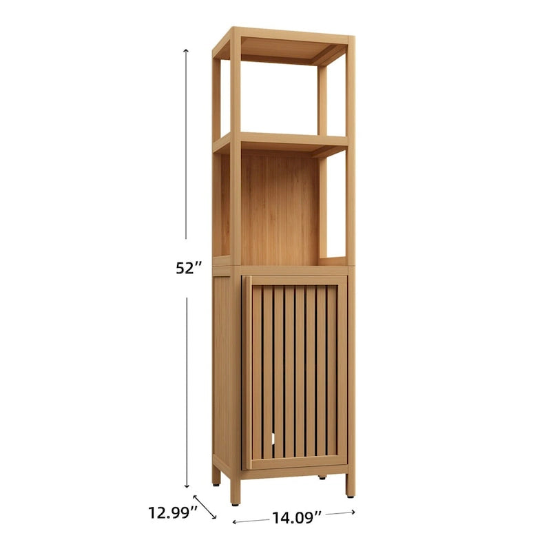 Narrow Bamboo Floor Cabinet 14"W x 52"H - Freestanding Linen Tower with Door & 2 Open Shelves, Waterproof Natural Wood Finish