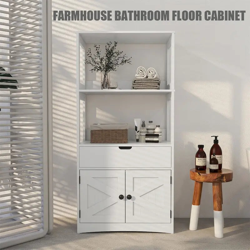 48.5"H Farmhouse Bathroom Floor Cabinet with X-Brace Doors 2-Tier Shelves Drawer Cupboard Anti-Tip MDF Rustic Storage Tower 51lbs Capacity