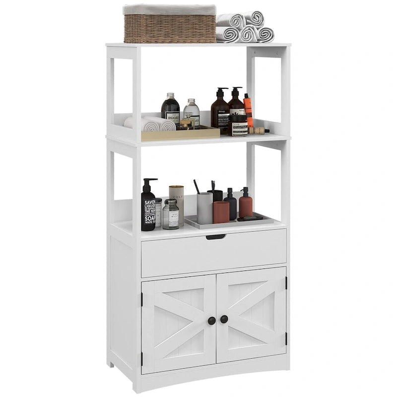 48.5"H Farmhouse Bathroom Floor Cabinet with X-Brace Doors 2-Tier Shelves Drawer Cupboard Anti-Tip MDF Rustic Storage Tower 51lbs Capacity