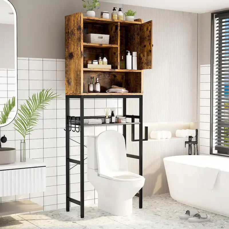 5-Tier Over Toilet Storage Rack Freestanding Adjustable Shelf Anti-Tip Vintage Black Frame Space Saver