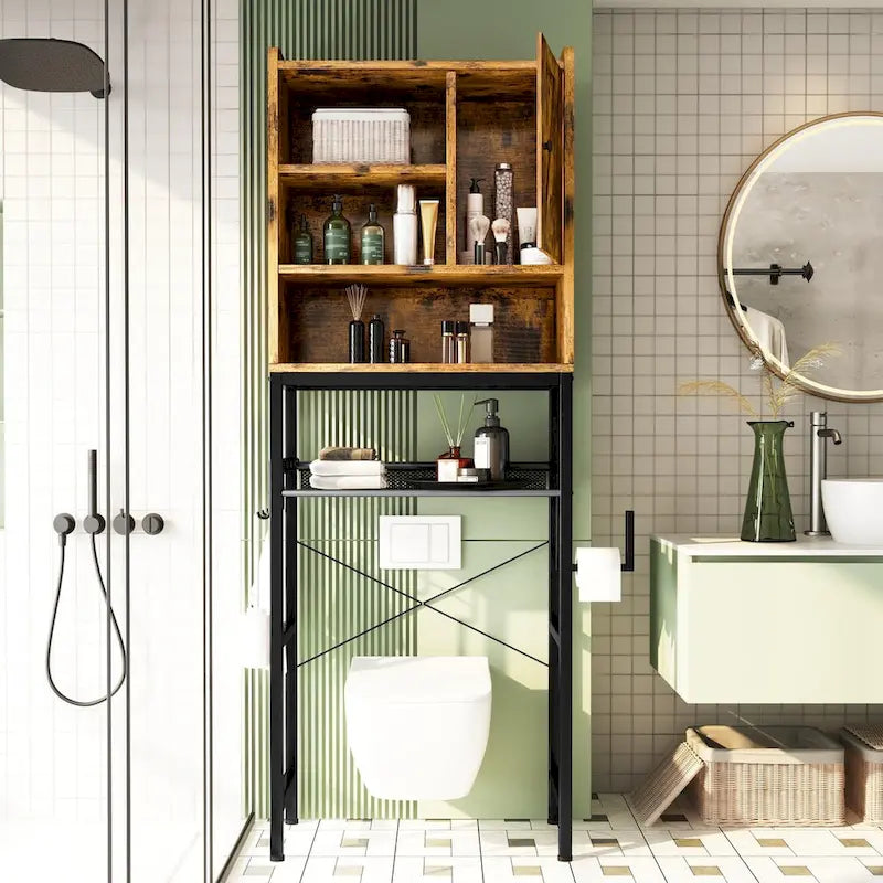 5-Tier Over Toilet Storage Rack Freestanding Adjustable Shelf Anti-Tip Vintage Black Frame Space Saver