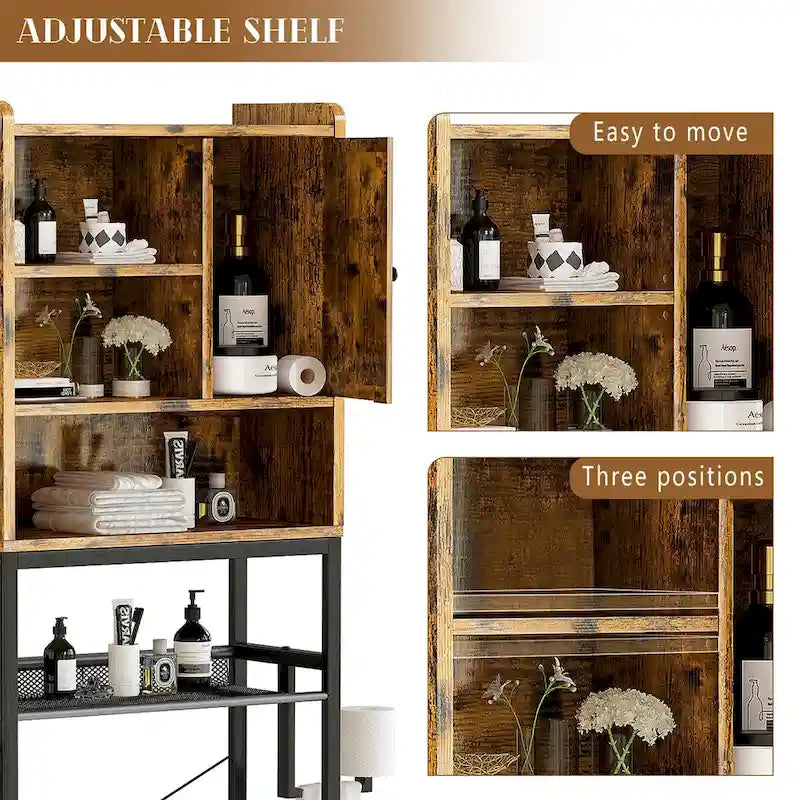 5-Tier Over Toilet Storage Rack Freestanding Adjustable Shelf Anti-Tip Vintage Black Frame Space Saver