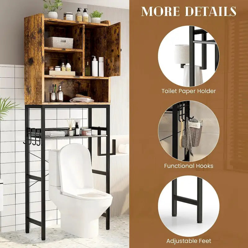 5-Tier Over Toilet Storage Rack Freestanding Adjustable Shelf Anti-Tip Vintage Black Frame Space Saver