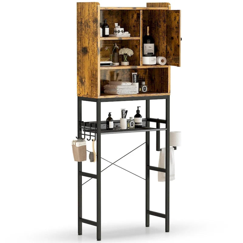 5-Tier Over Toilet Storage Rack Freestanding Adjustable Shelf Anti-Tip Vintage Black Frame Space Saver