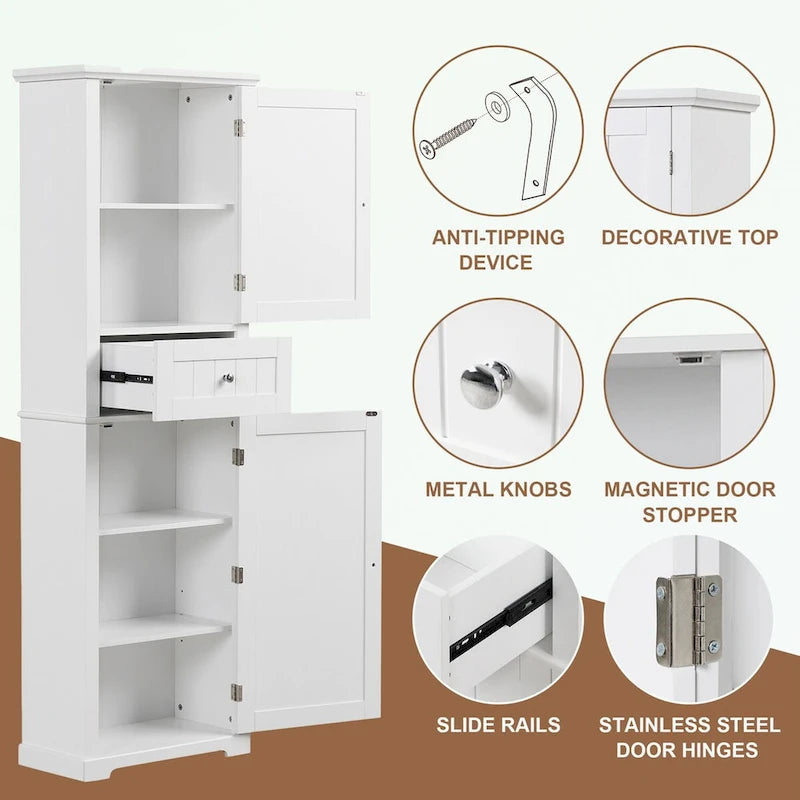 Bathroom Storage Cabinet with Drawer - Waterproof MDF Floor Cabinet with Adjustable Shelf, Metal Knobs, Anti-Tip Device - Linen Tower Organizer