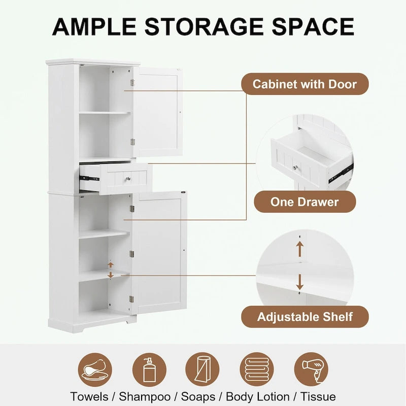 Bathroom Storage Cabinet with Drawer - Waterproof MDF Floor Cabinet with Adjustable Shelf, Metal Knobs, Anti-Tip Device - Linen Tower Organizer