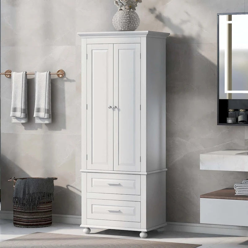 Grey Tall Storage Cabinet 2 Drawers 2 Doors 3-Tier Adjustable Shelf MDF Waterproof Anti-Tip Bathroom