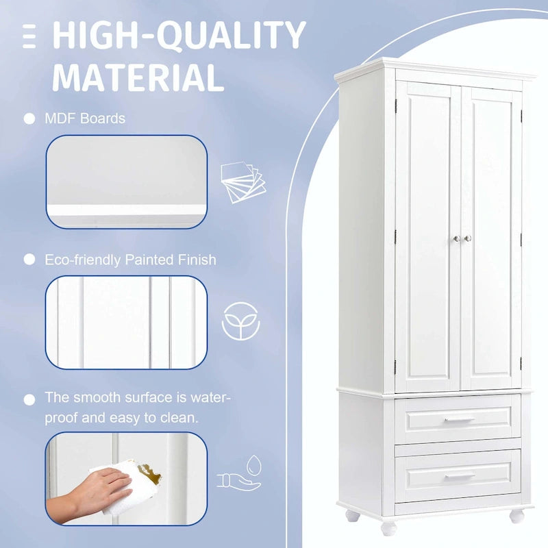 Grey Tall Storage Cabinet 2 Drawers 2 Doors 3-Tier Adjustable Shelf MDF Waterproof Anti-Tip Bathroom