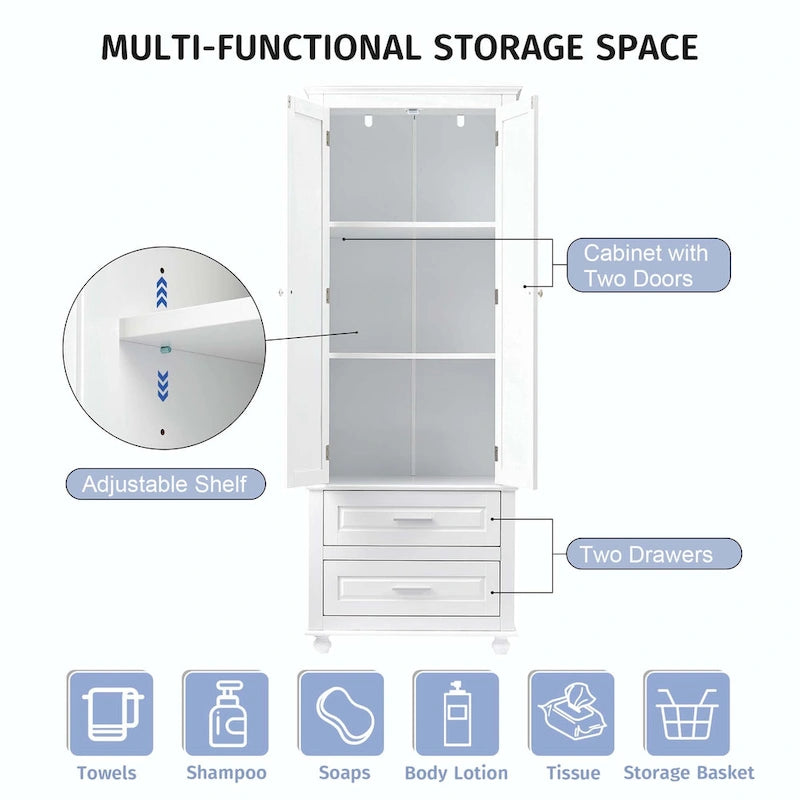 Grey Tall Storage Cabinet 2 Drawers 2 Doors 3-Tier Adjustable Shelf MDF Waterproof Anti-Tip Bathroom