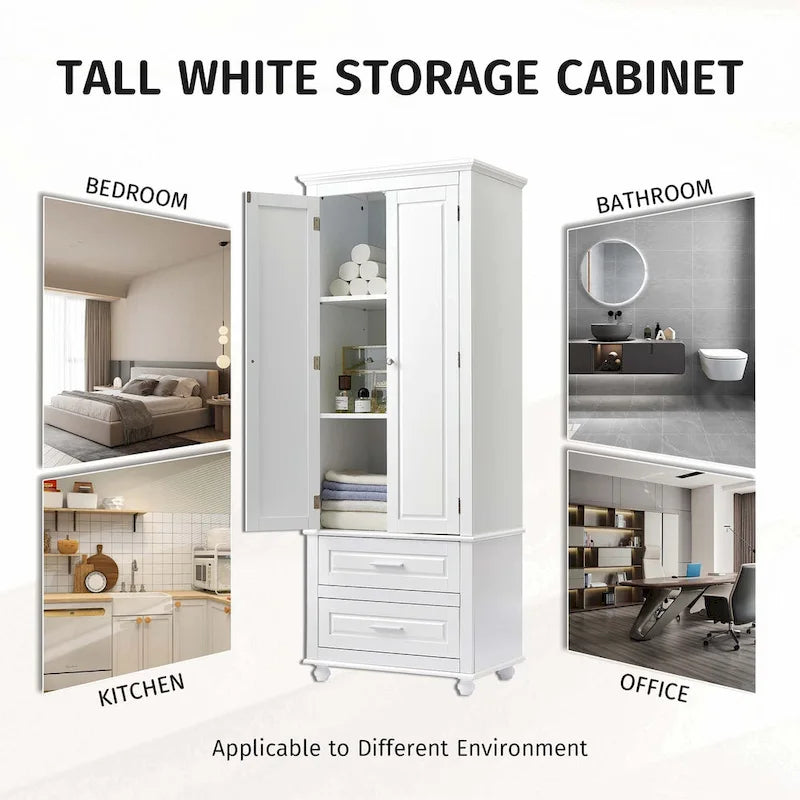 Grey Tall Storage Cabinet 2 Drawers 2 Doors 3-Tier Adjustable Shelf MDF Waterproof Anti-Tip Bathroom
