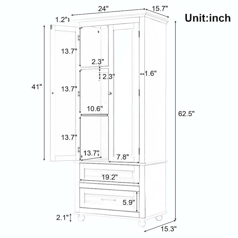 Grey Tall Storage Cabinet 2 Drawers 2 Doors 3-Tier Adjustable Shelf MDF Waterproof Anti-Tip Bathroom
