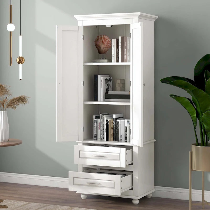 Grey Tall Storage Cabinet 2 Drawers 2 Doors 3-Tier Adjustable Shelf MDF Waterproof Anti-Tip Bathroom