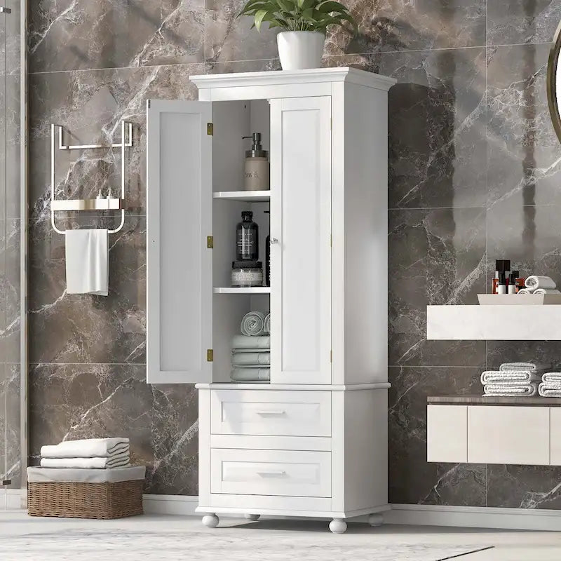 Grey Tall Storage Cabinet 2 Drawers 2 Doors 3-Tier Adjustable Shelf MDF Waterproof Anti-Tip Bathroom