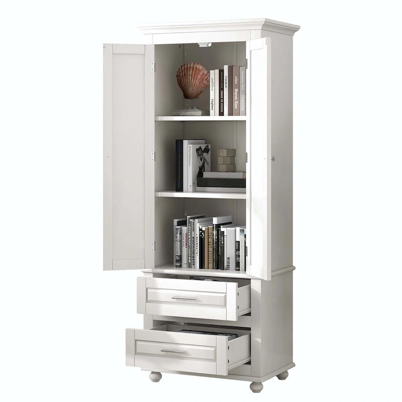 Grey Tall Storage Cabinet 2 Drawers 2 Doors 3-Tier Adjustable Shelf MDF Waterproof Anti-Tip Bathroom