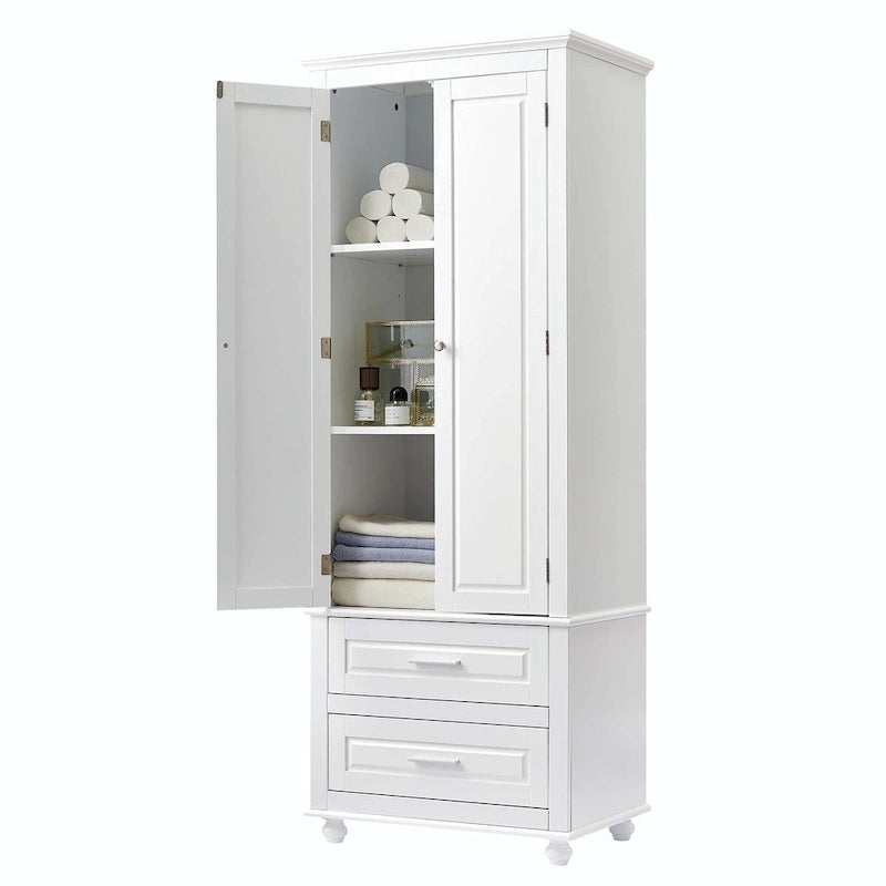 Grey Tall Storage Cabinet 2 Drawers 2 Doors 3-Tier Adjustable Shelf MDF Waterproof Anti-Tip Bathroom