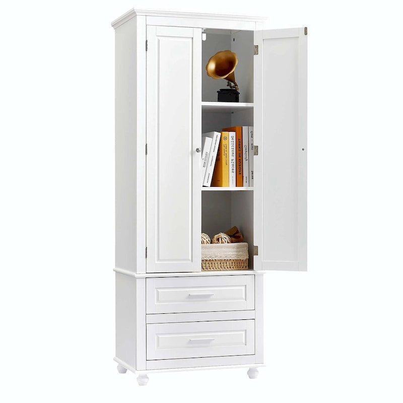 Grey Tall Storage Cabinet 2 Drawers 2 Doors 3-Tier Adjustable Shelf MDF Waterproof Anti-Tip Bathroom