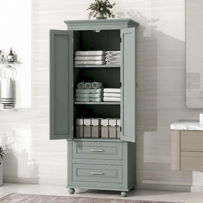 Grey Tall Storage Cabinet 2 Drawers 2 Doors 3-Tier Adjustable Shelf MDF Waterproof Anti-Tip Bathroom