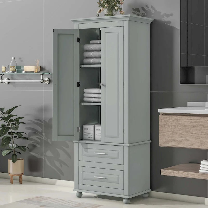 Grey Tall Storage Cabinet 2 Drawers 2 Doors 3-Tier Adjustable Shelf MDF Waterproof Anti-Tip Bathroom