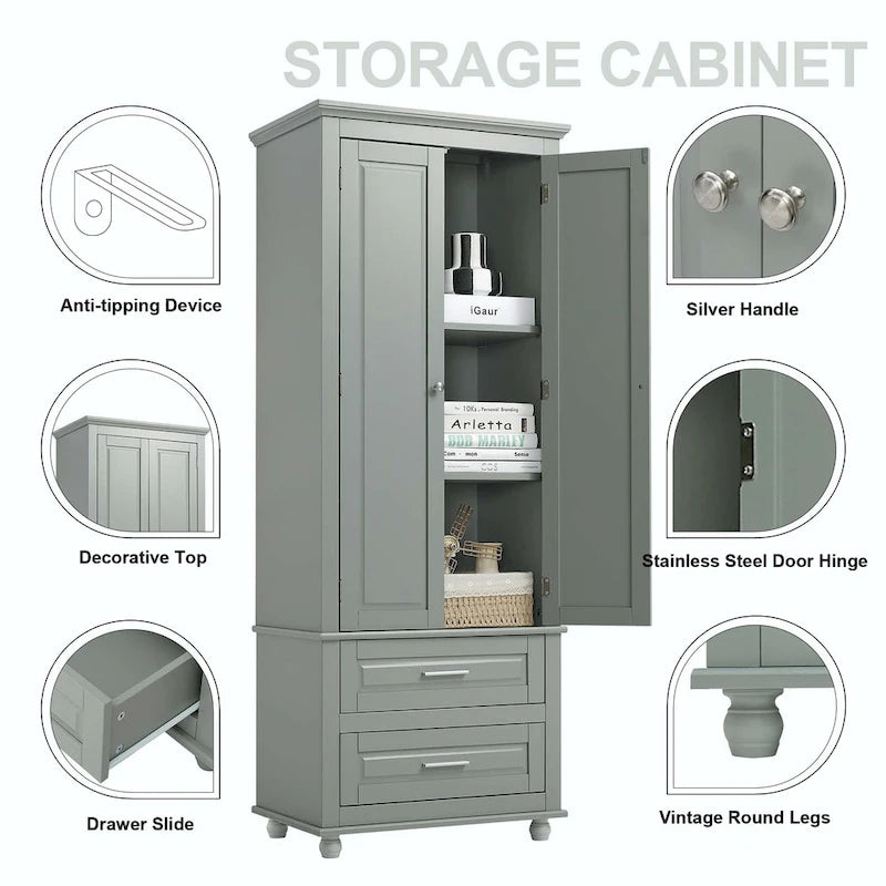 Grey Tall Storage Cabinet 2 Drawers 2 Doors 3-Tier Adjustable Shelf MDF Waterproof Anti-Tip Bathroom