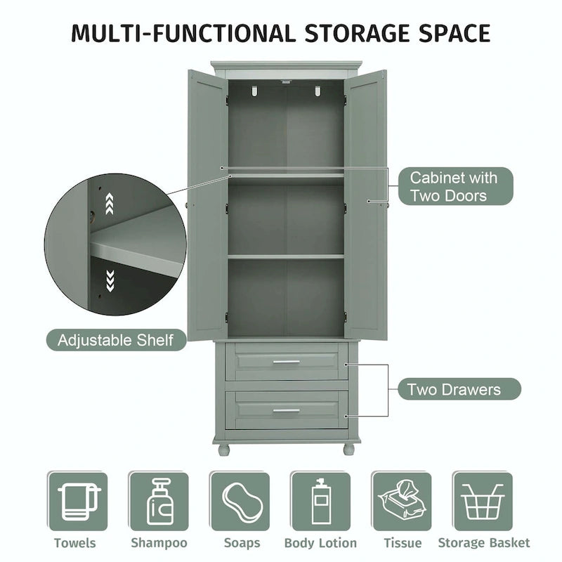 Grey Tall Storage Cabinet 2 Drawers 2 Doors 3-Tier Adjustable Shelf MDF Waterproof Anti-Tip Bathroom