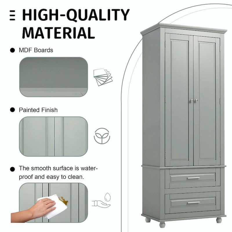 Grey Tall Storage Cabinet 2 Drawers 2 Doors 3-Tier Adjustable Shelf MDF Waterproof Anti-Tip Bathroom