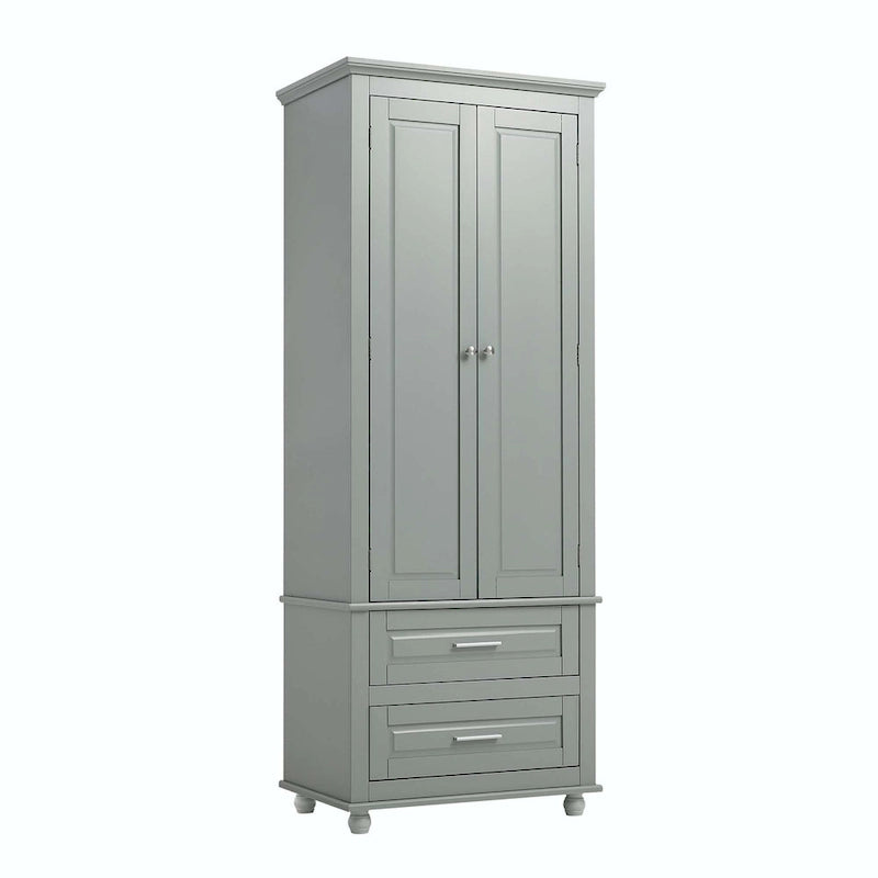 Grey Tall Storage Cabinet 2 Drawers 2 Doors 3-Tier Adjustable Shelf MDF Waterproof Anti-Tip Bathroom