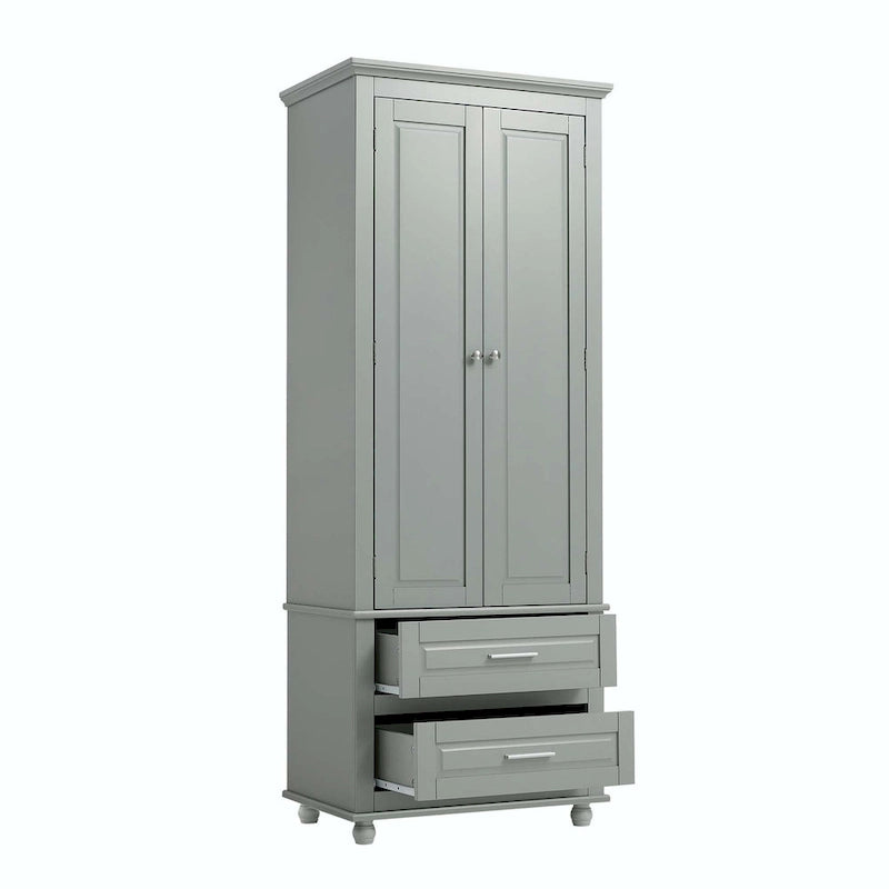 Grey Tall Storage Cabinet 2 Drawers 2 Doors 3-Tier Adjustable Shelf MDF Waterproof Anti-Tip Bathroom