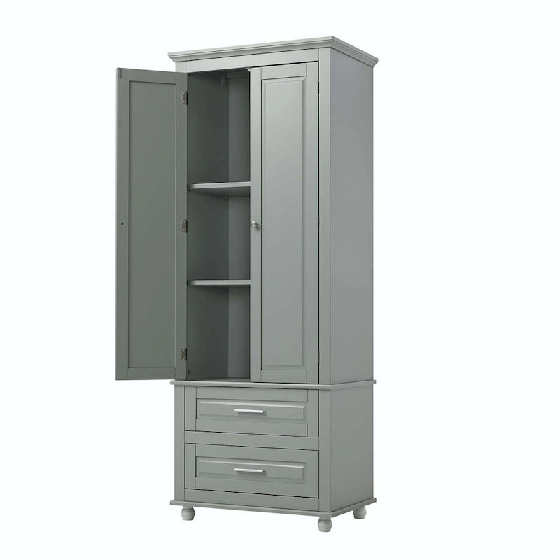 Grey Tall Storage Cabinet 2 Drawers 2 Doors 3-Tier Adjustable Shelf MDF Waterproof Anti-Tip Bathroom