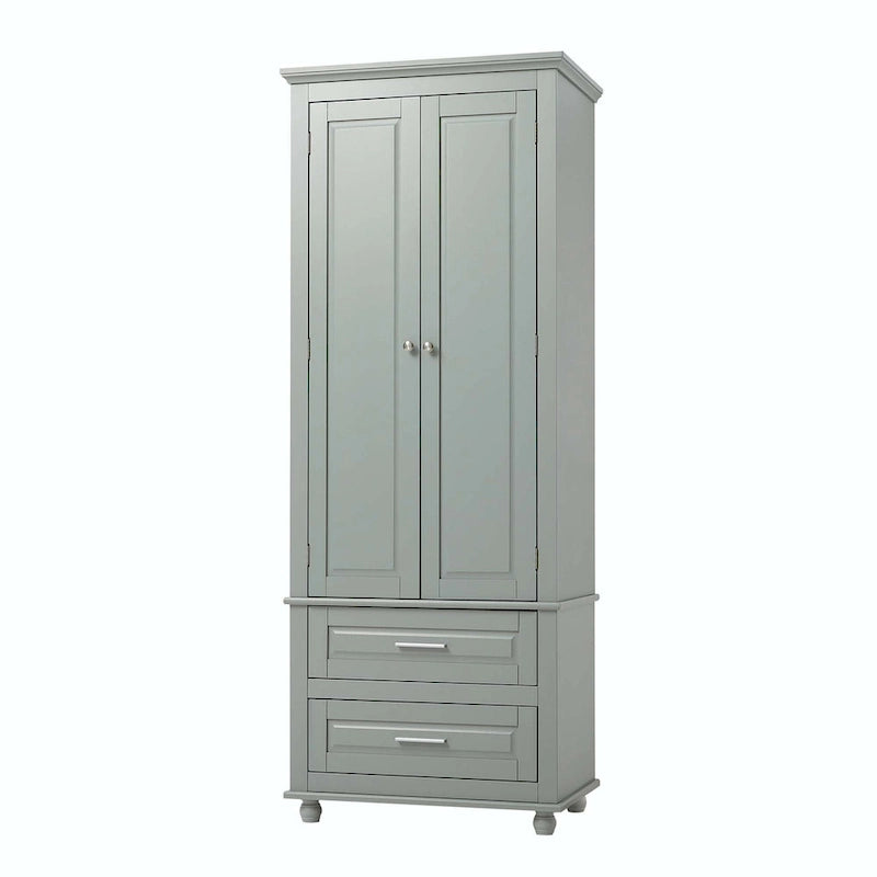 Grey Tall Storage Cabinet 2 Drawers 2 Doors 3-Tier Adjustable Shelf MDF Waterproof Anti-Tip Bathroom