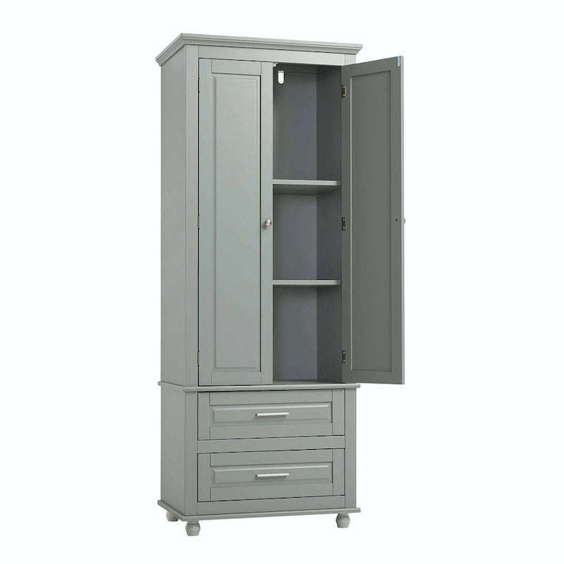 Grey Tall Storage Cabinet 2 Drawers 2 Doors 3-Tier Adjustable Shelf MDF Waterproof Anti-Tip Bathroom