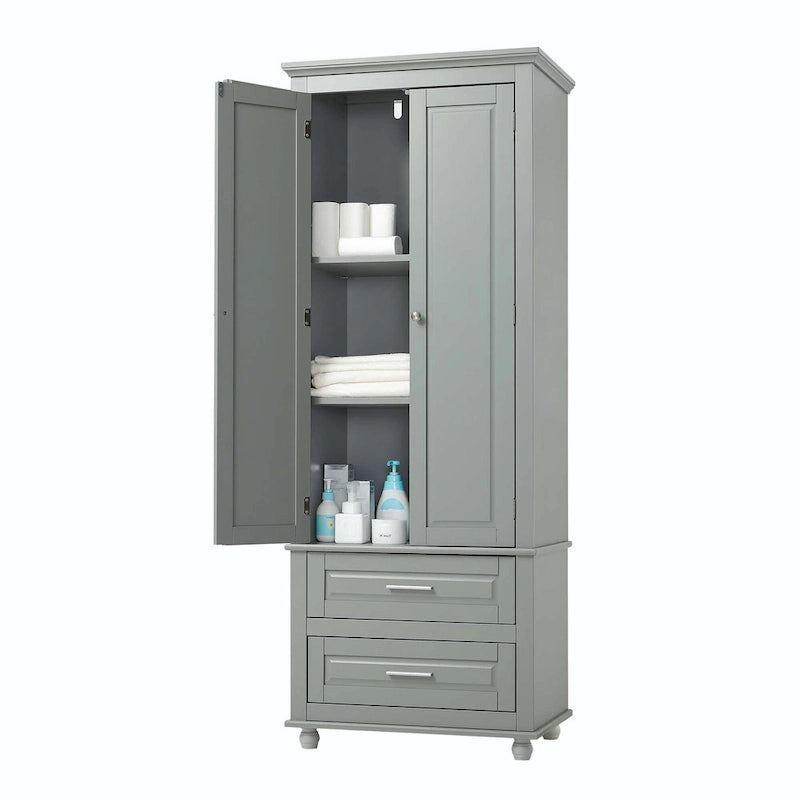 Grey Tall Storage Cabinet 2 Drawers 2 Doors 3-Tier Adjustable Shelf MDF Waterproof Anti-Tip Bathroom