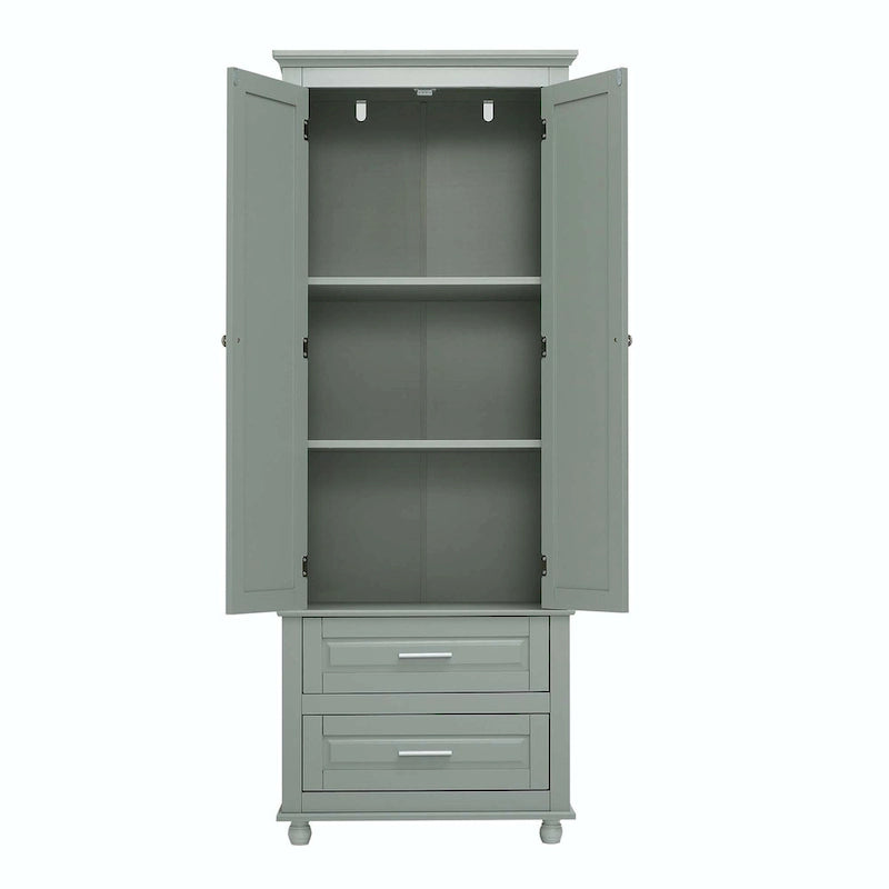 Grey Tall Storage Cabinet 2 Drawers 2 Doors 3-Tier Adjustable Shelf MDF Waterproof Anti-Tip Bathroom