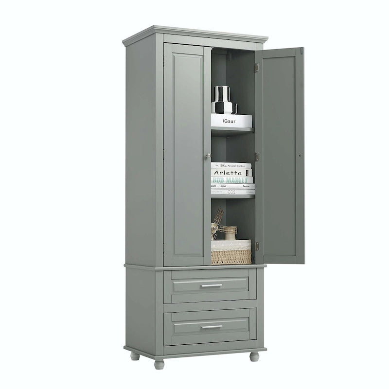 Grey Tall Storage Cabinet 2 Drawers 2 Doors 3-Tier Adjustable Shelf MDF Waterproof Anti-Tip Bathroom