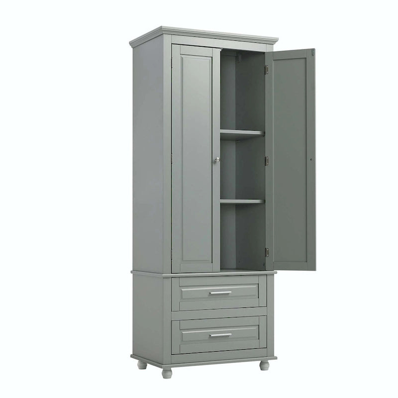 Grey Tall Storage Cabinet 2 Drawers 2 Doors 3-Tier Adjustable Shelf MDF Waterproof Anti-Tip Bathroom