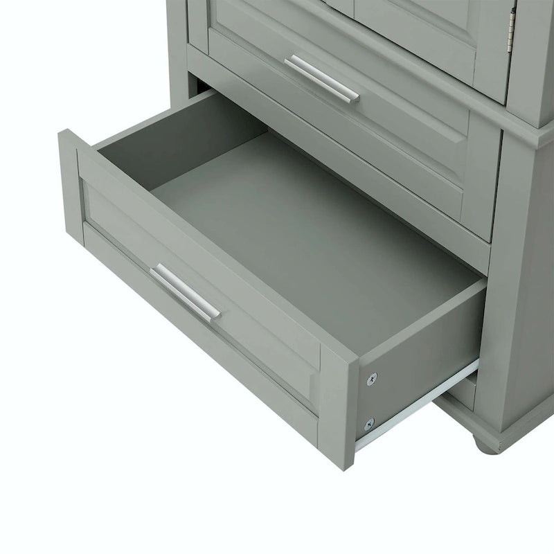 Grey Tall Storage Cabinet 2 Drawers 2 Doors 3-Tier Adjustable Shelf MDF Waterproof Anti-Tip Bathroom
