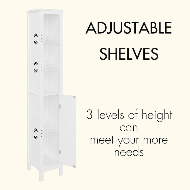 67" Tall White Bathroom Storage Cabinet with 3 Adjustable Shelves Single Door Freestanding MDF Organizer Anti-Tip Waterproof for Small Spaces