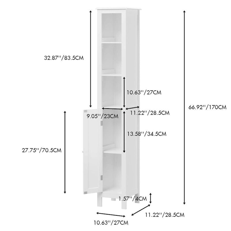 67" Tall White Bathroom Storage Cabinet with 3 Adjustable Shelves Single Door Freestanding MDF Organizer Anti-Tip Waterproof for Small Spaces