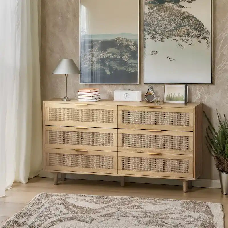 Black Storage Cabinet with 6 Rattan Drawers - MDF Dresser - 50 lbs Top Capacity - Anti-Tip Device - Modern Natural Organizer