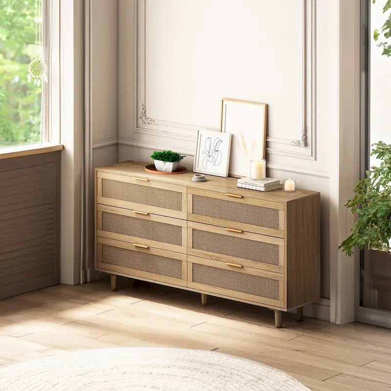 Black Storage Cabinet with 6 Rattan Drawers - MDF Dresser - 50 lbs Top Capacity - Anti-Tip Device - Modern Natural Organizer