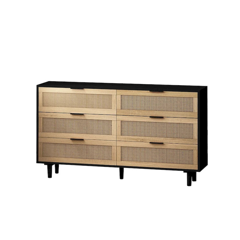 Black Storage Cabinet with 6 Rattan Drawers - MDF Dresser - 50 lbs Top Capacity - Anti-Tip Device - Modern Natural Organizer