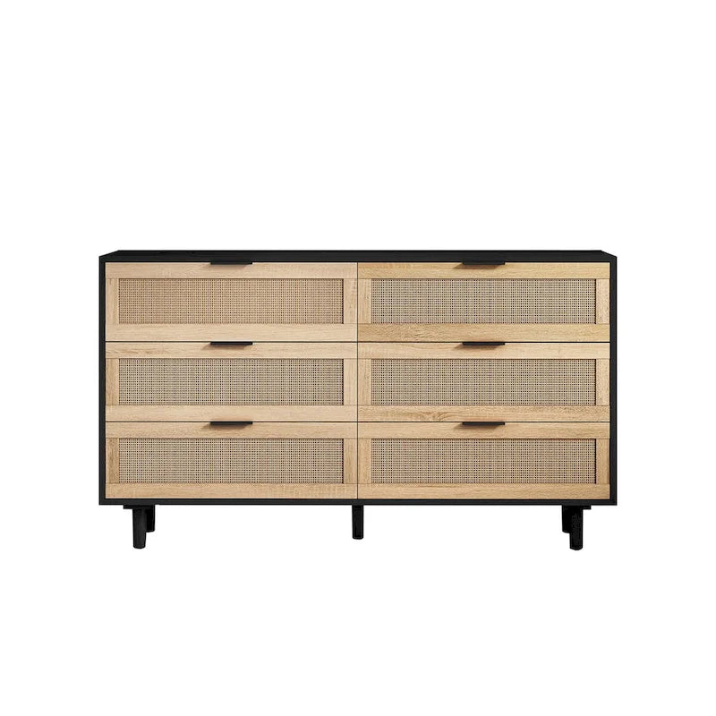 Black Storage Cabinet with 6 Rattan Drawers - MDF Dresser - 50 lbs Top Capacity - Anti-Tip Device - Modern Natural Organizer