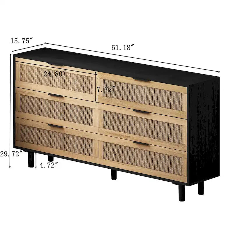 Black Storage Cabinet with 6 Rattan Drawers - MDF Dresser - 50 lbs Top Capacity - Anti-Tip Device - Modern Natural Organizer