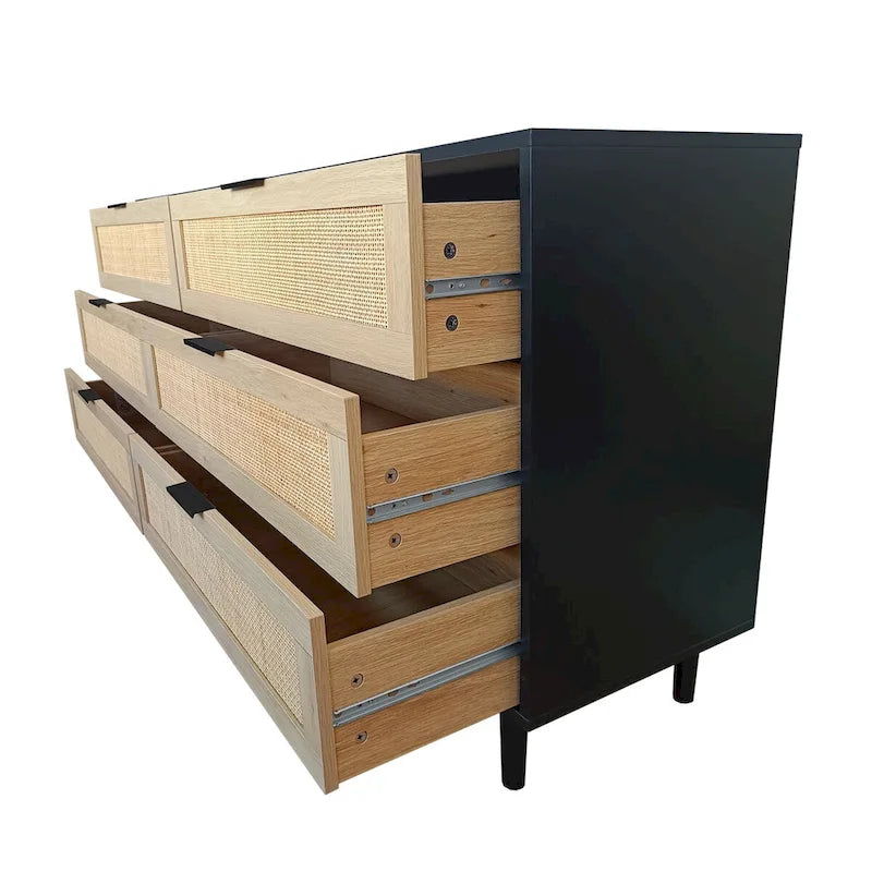 Black Storage Cabinet with 6 Rattan Drawers - MDF Dresser - 50 lbs Top Capacity - Anti-Tip Device - Modern Natural Organizer