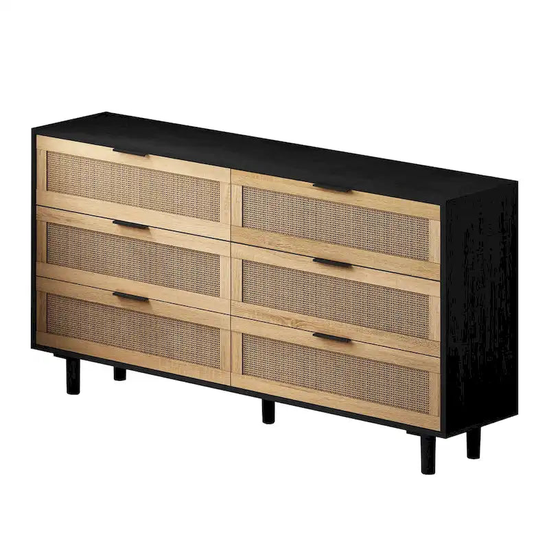 Black Storage Cabinet with 6 Rattan Drawers - MDF Dresser - 50 lbs Top Capacity - Anti-Tip Device - Modern Natural Organizer