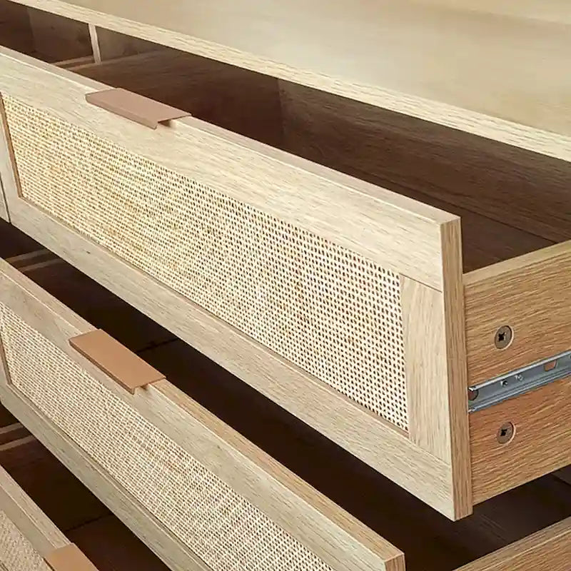 Black Storage Cabinet with 6 Rattan Drawers - MDF Dresser - 50 lbs Top Capacity - Anti-Tip Device - Modern Natural Organizer