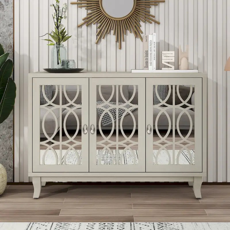 Farmhouse Mirrored Sideboard 3 Glass Doors 2 Adjustable Shelves Pine Legs 220lb Capacity Distressed